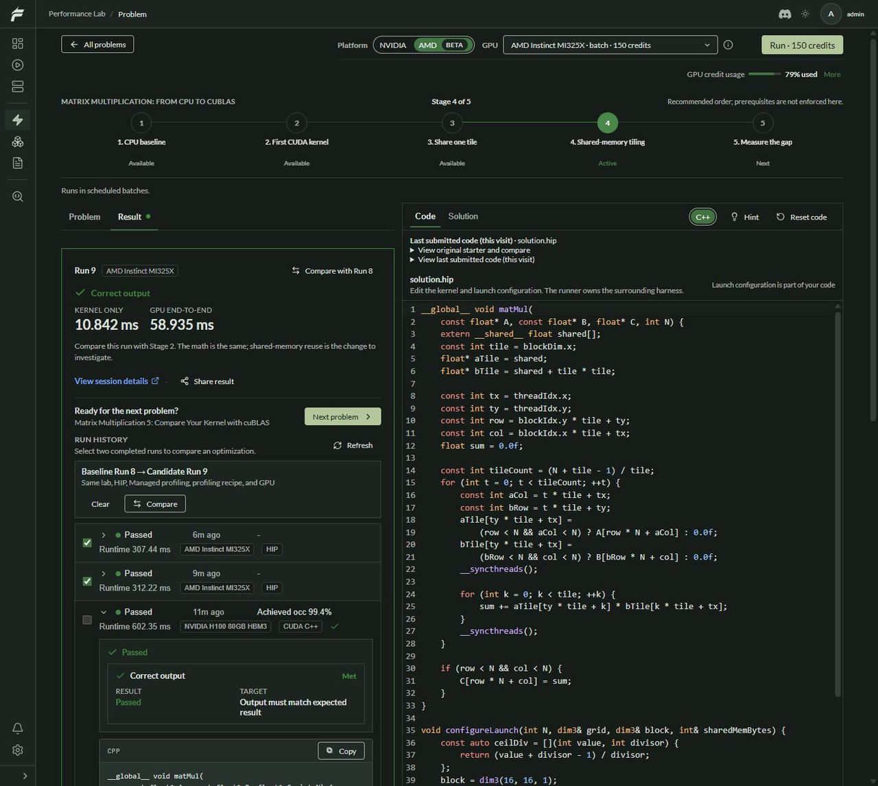 A successful HIP matrix multiplication run on an AMD Instinct MI325X, showing correct output, kernel-only timing, GPU end-to-end timing, and the submitted code