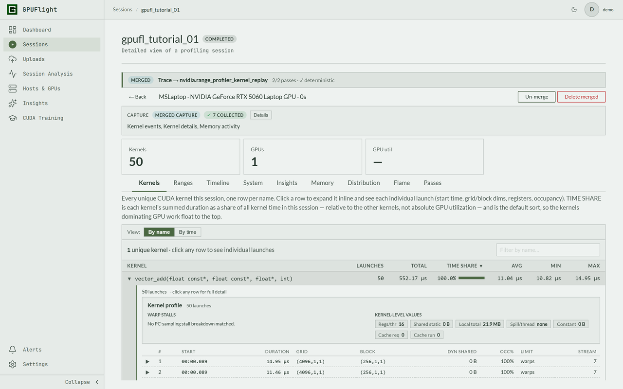 GPUFlight profiling session with merged passes, kernel metrics, and individual launch details