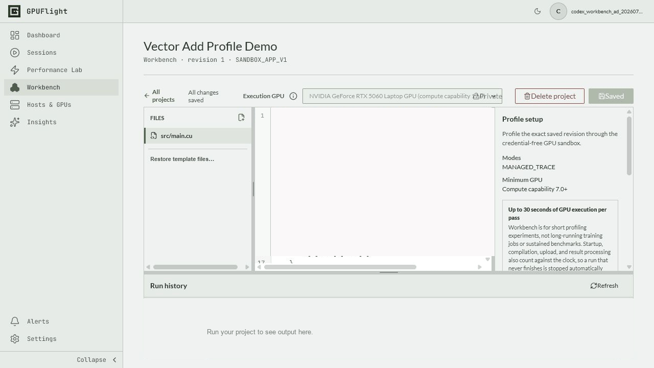 GPUFlight Workbench demo: type a CUDA vector-add program, run it on an NVIDIA GPU, and see the output