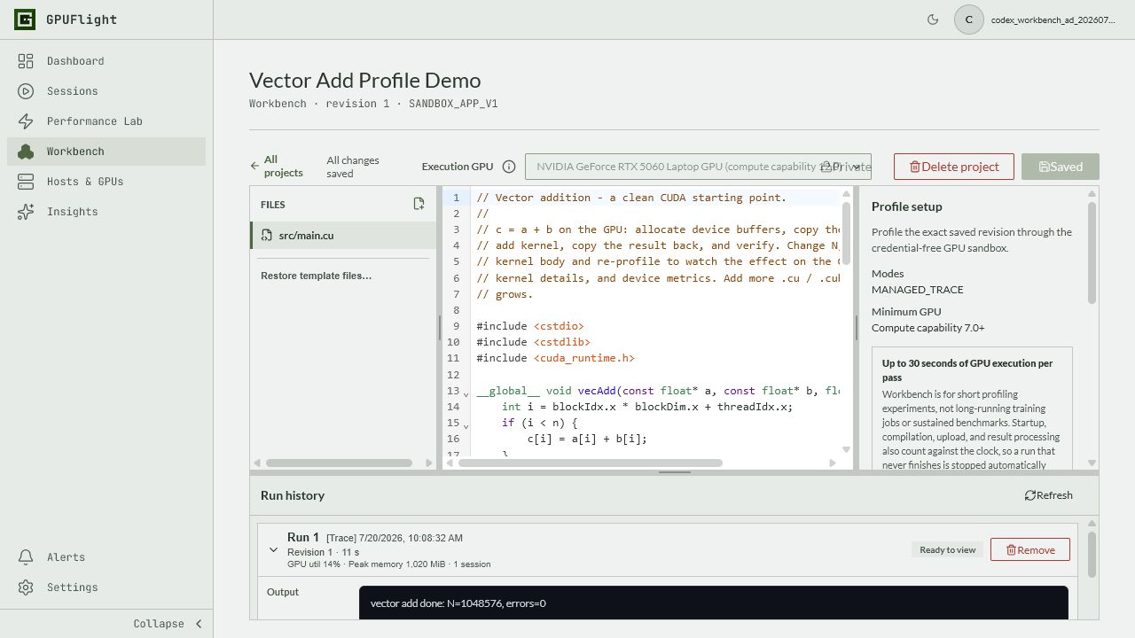 GPUFlight CUDA Workbench showing a multi-file CUDA project and source editor