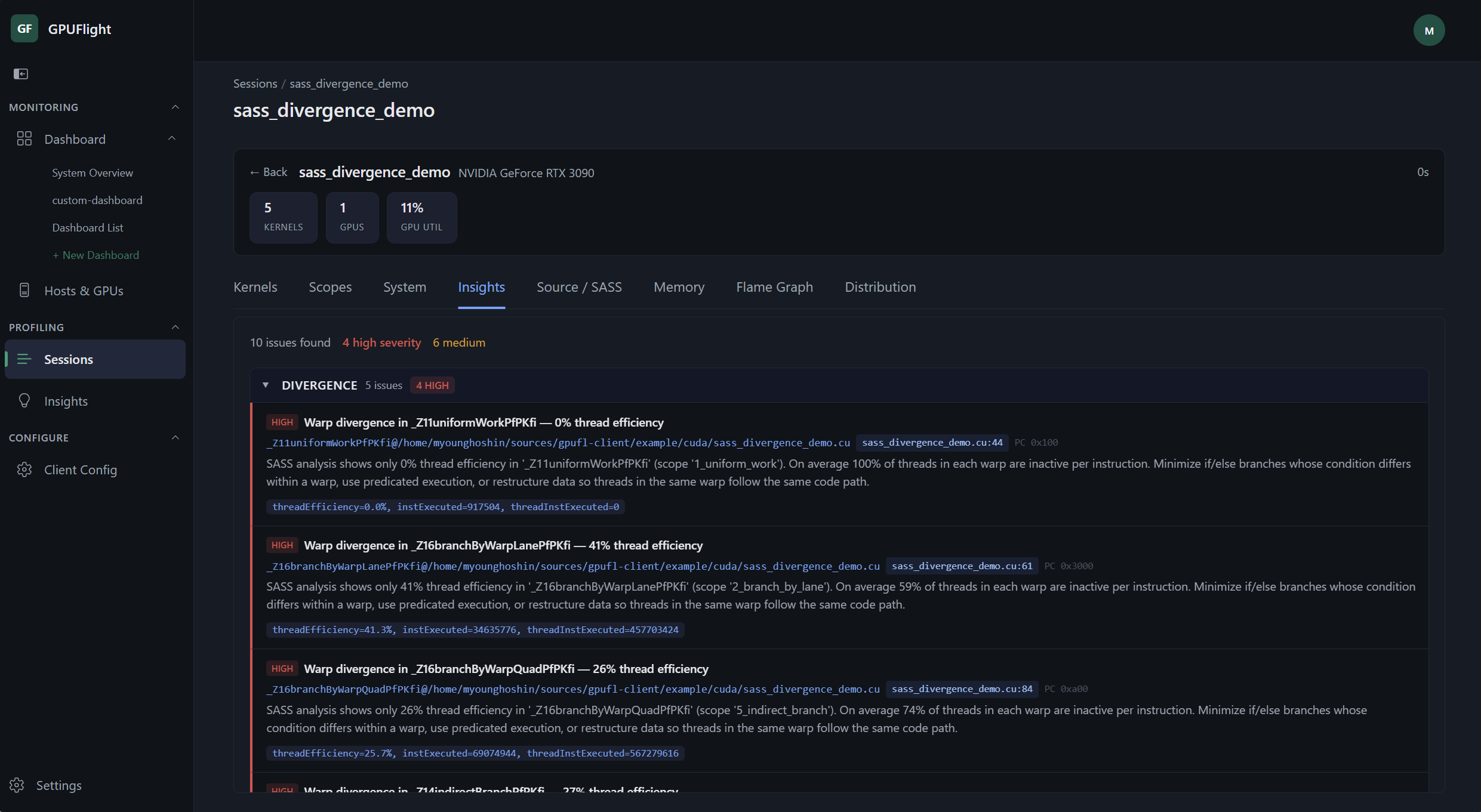 GPUFlight automatic insights panel with high-severity findings