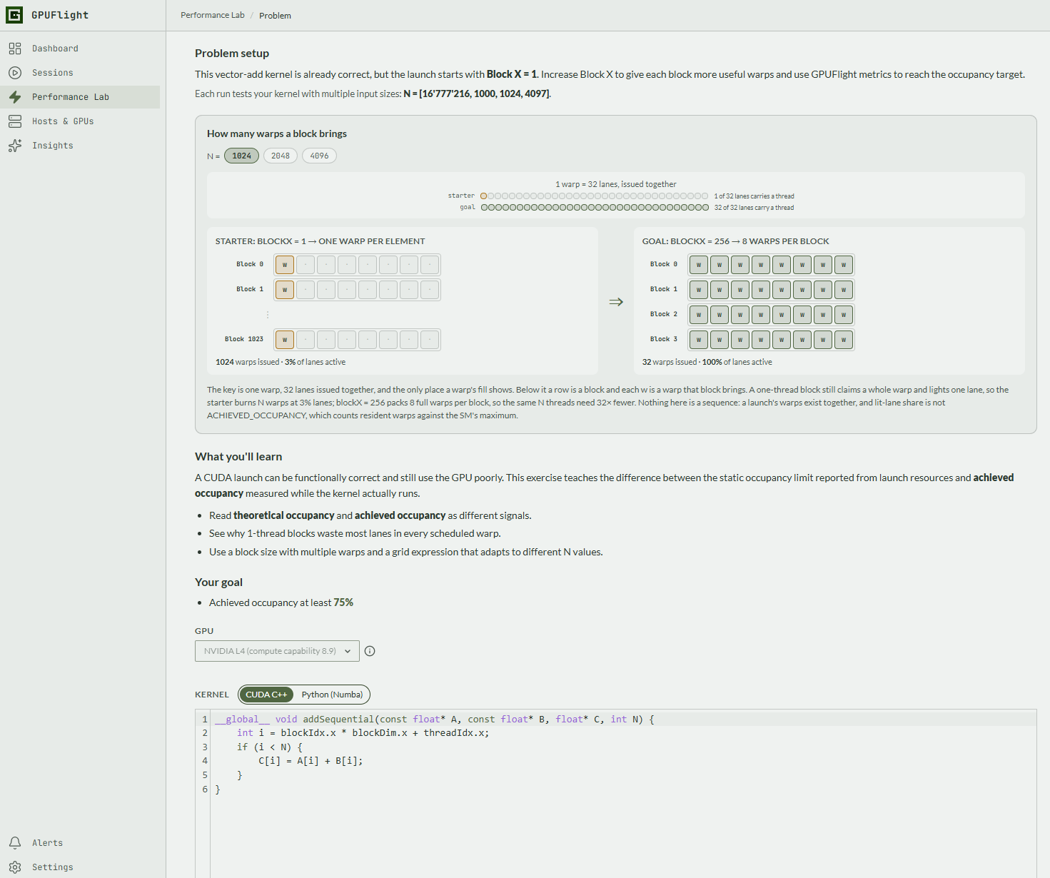 Performance Lab lesson showing how CUDA block size changes warp utilization and achieved occupancy