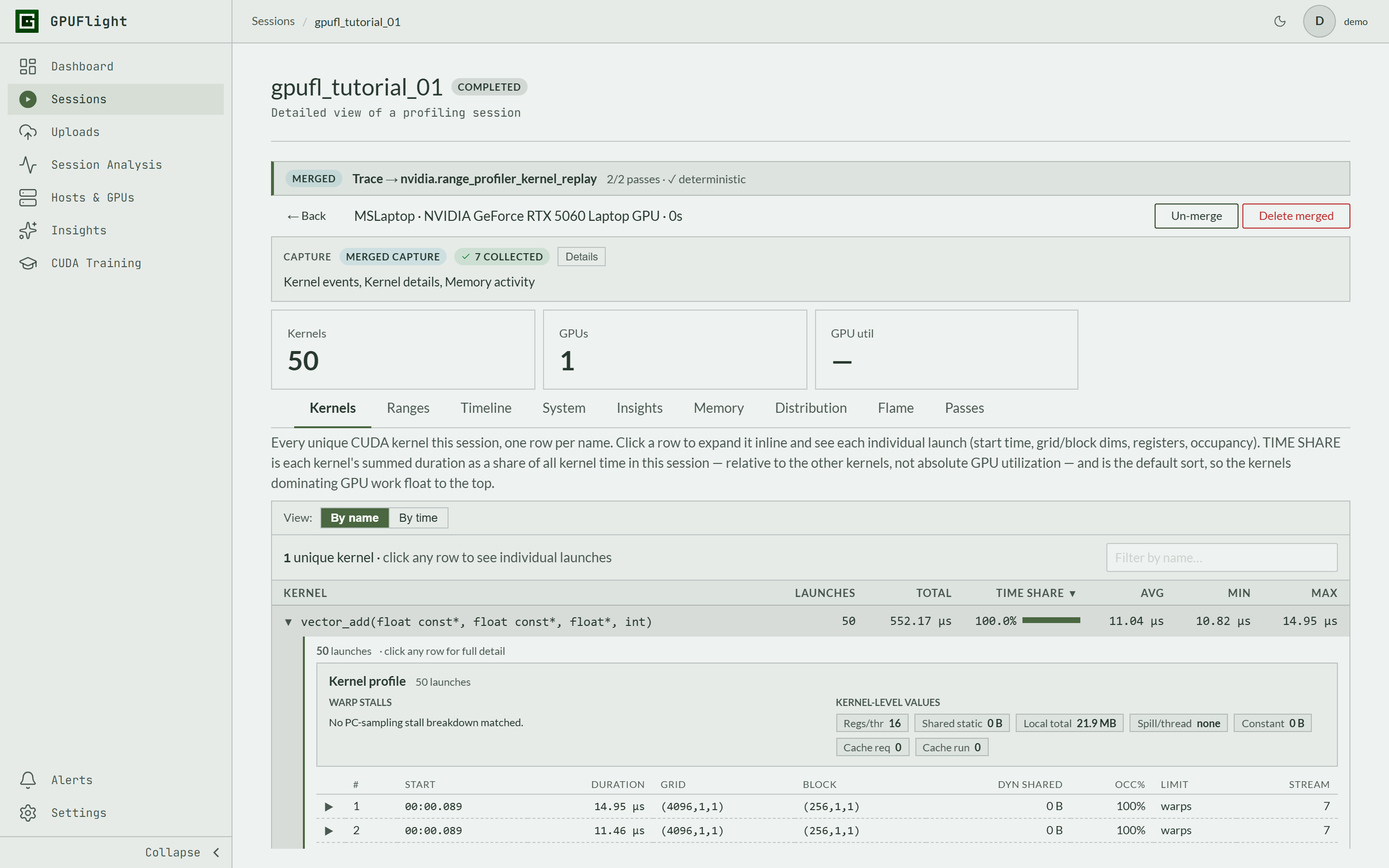 GPUFlight merged multi-pass profiling session with measured kernel metrics