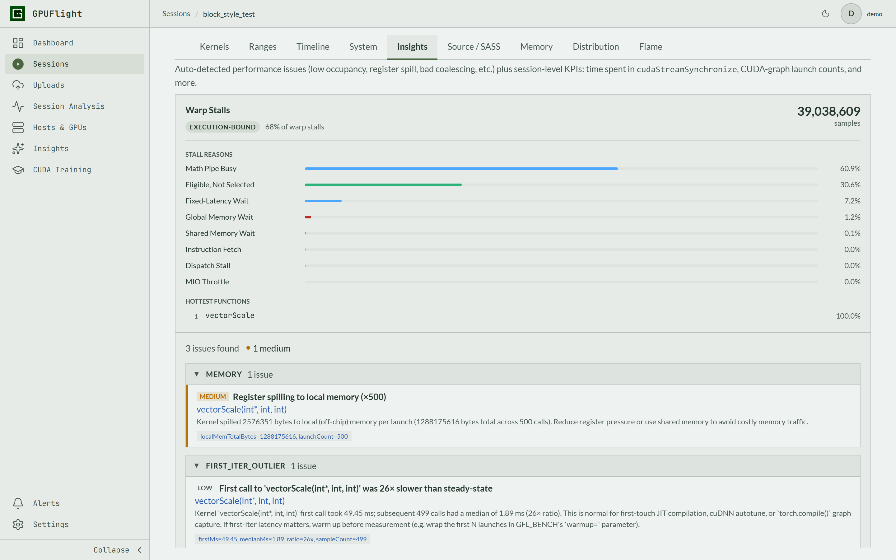 GPUFlight light session insights view with detected issues