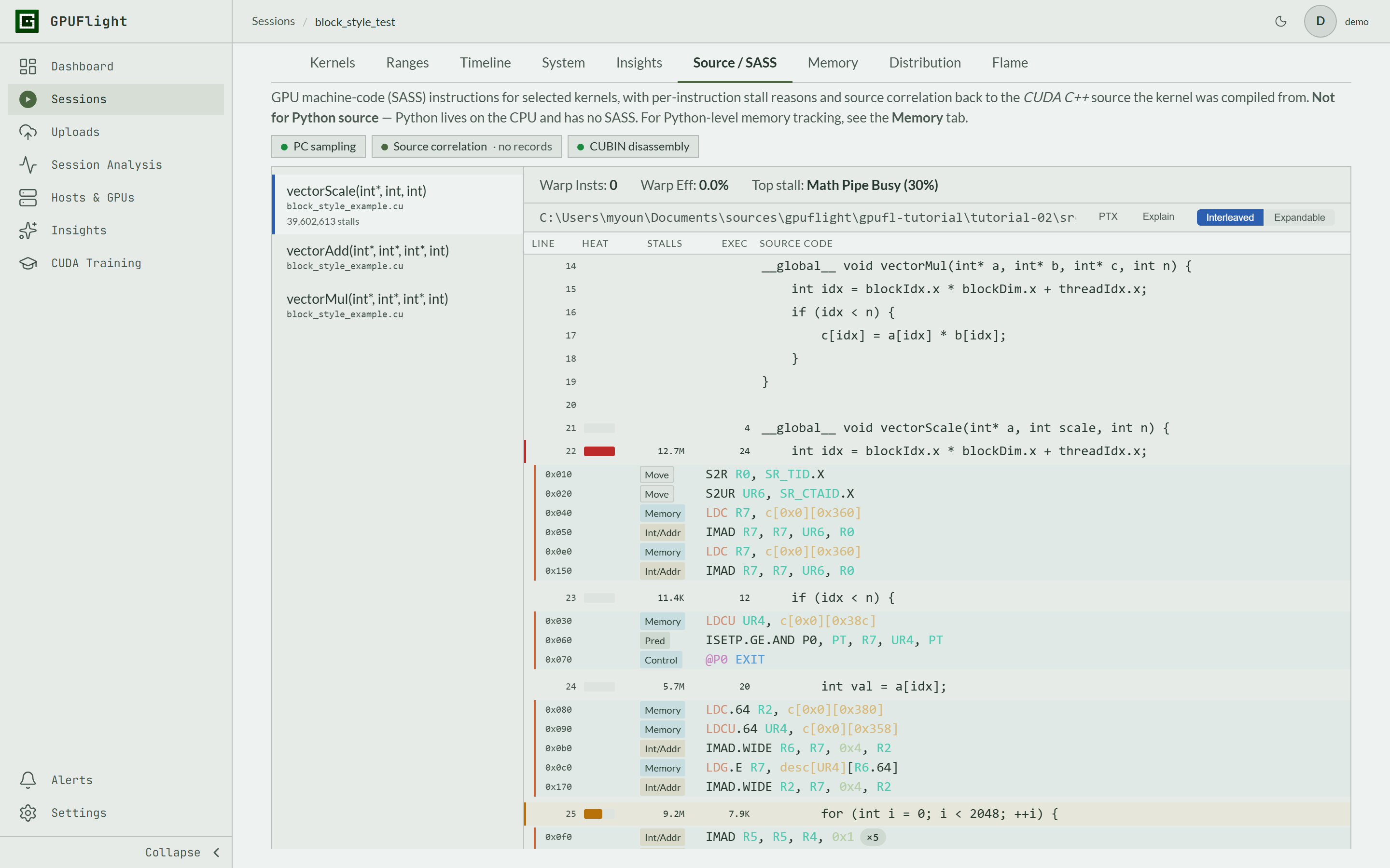 GPUFlight Source and SASS instruction analysis view
