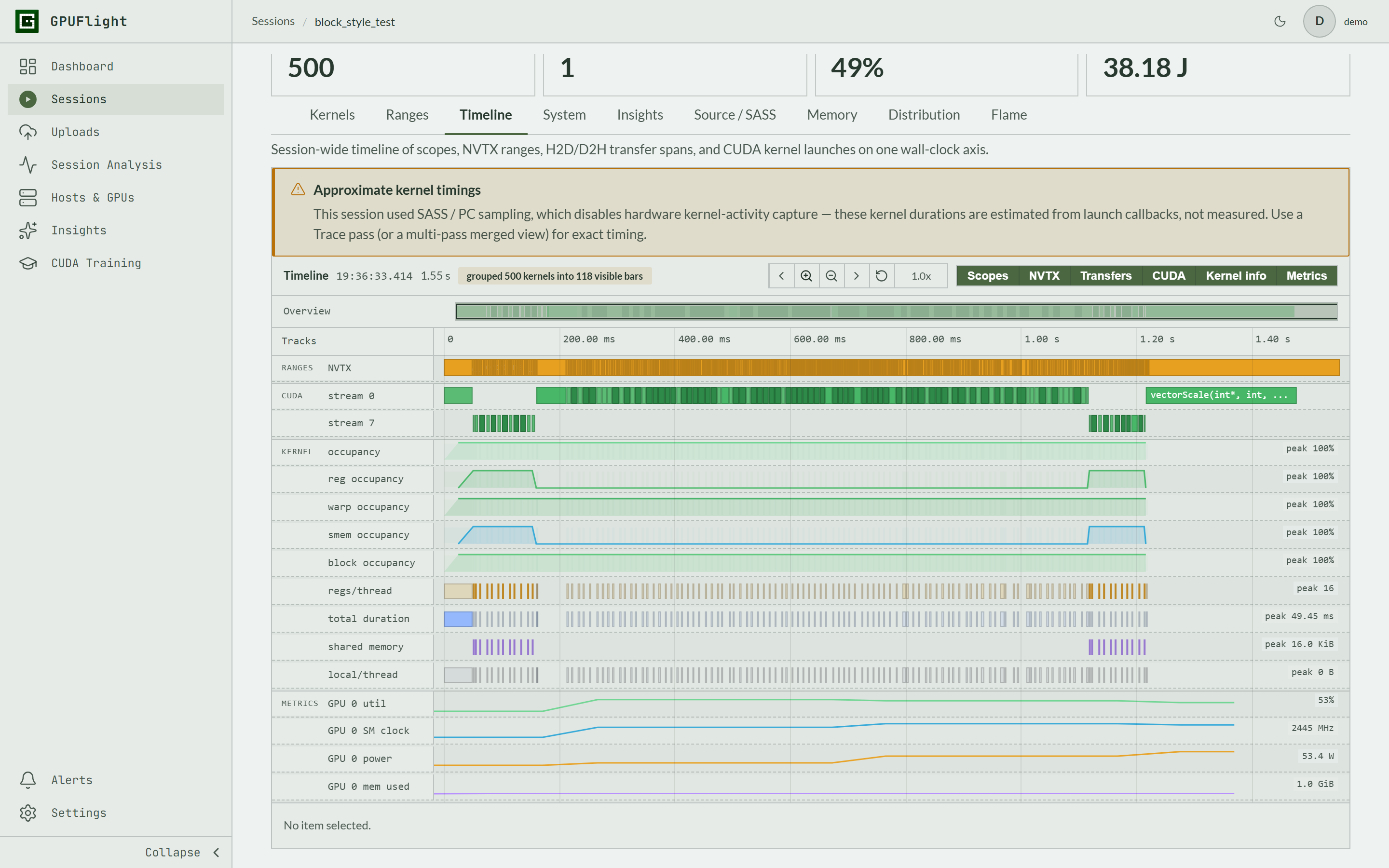 GPUFlight kernel timeline with PM sampling metrics overlaid