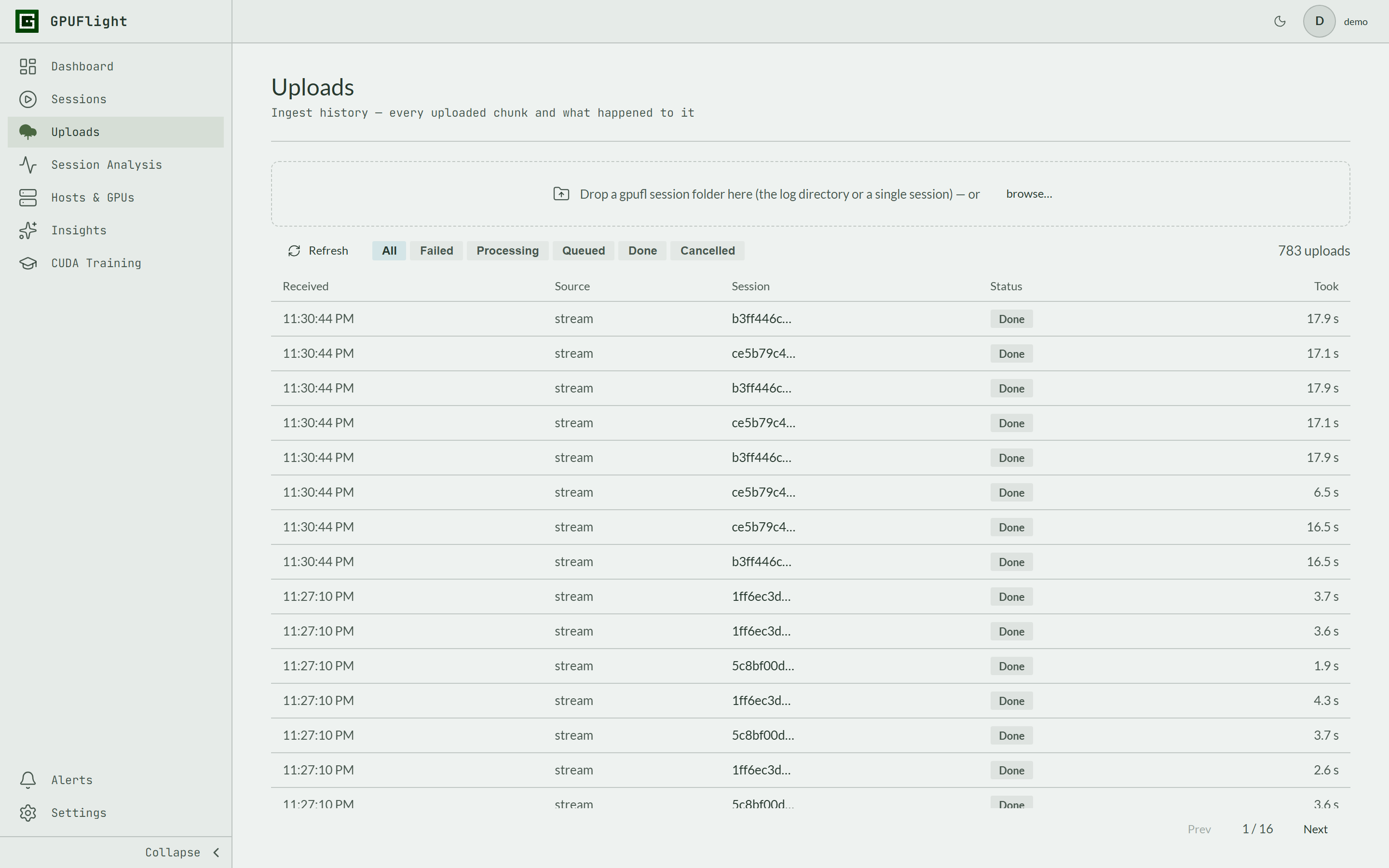 GPUFlight uploads page with ingestion job statuses
