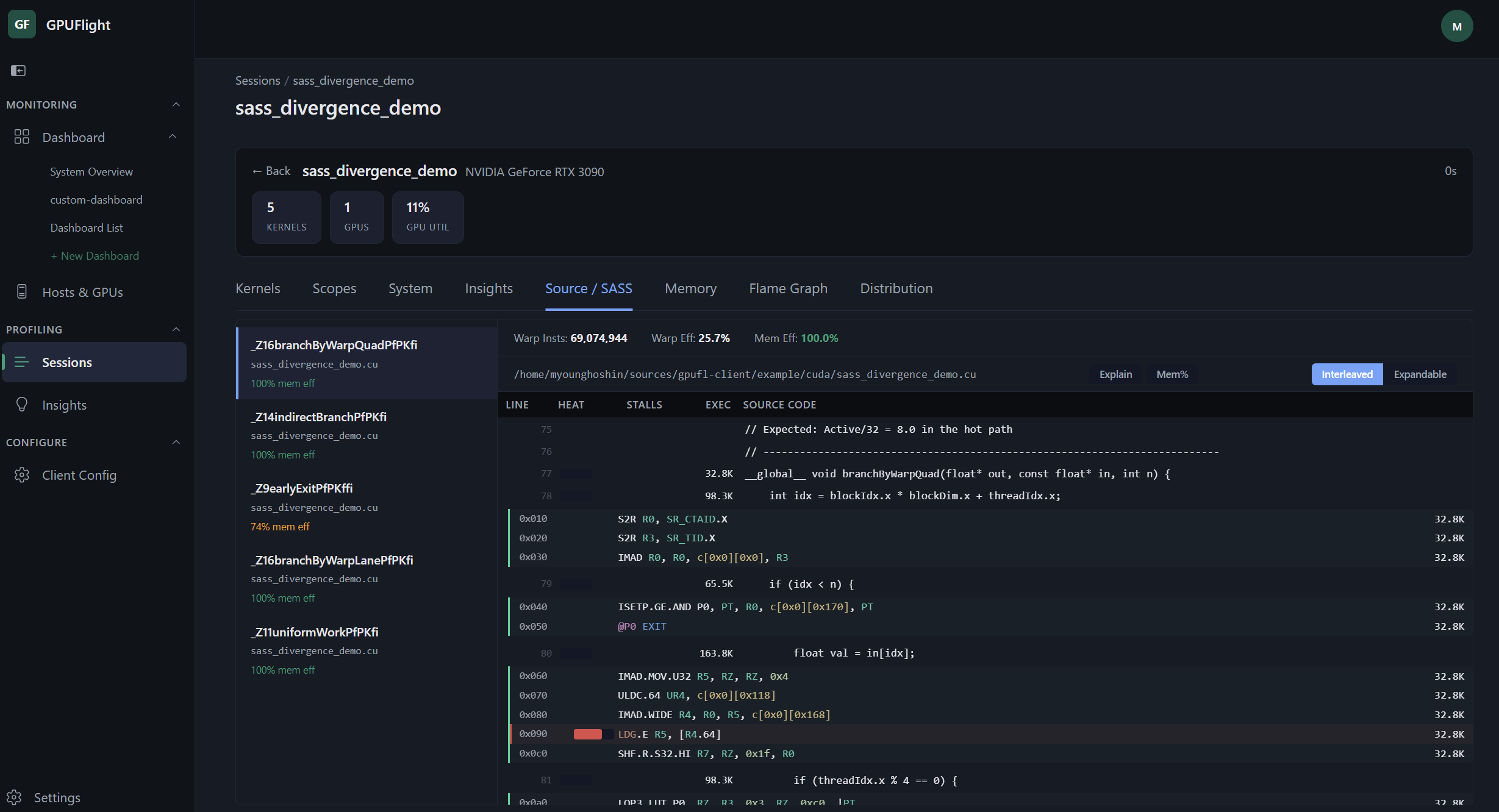 GPUFlight Source / SASS interleaved view with per-instruction heat map